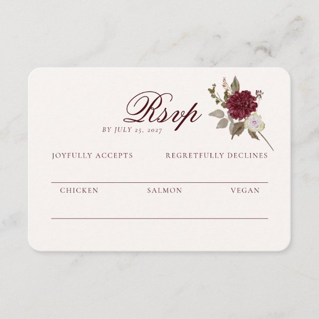 Burgundy Floral Wedding RSVP Card Begleitkarte (Vorderseite)