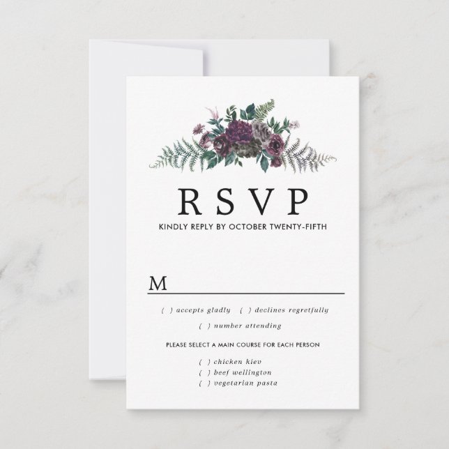 Burgundy Floral Wedding RSVP Card, Mehloptionen (Vorderseite)