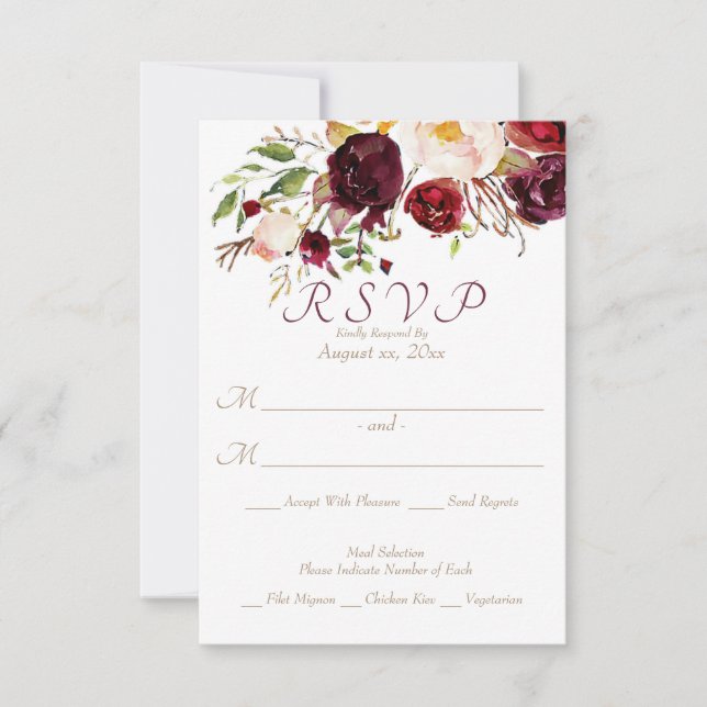 Burgundy Floral Wedding RSVP Karte (Vorderseite)