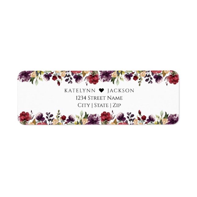 Burgundy Floral Wedding Stationery Rücksendeadress (Vorne)