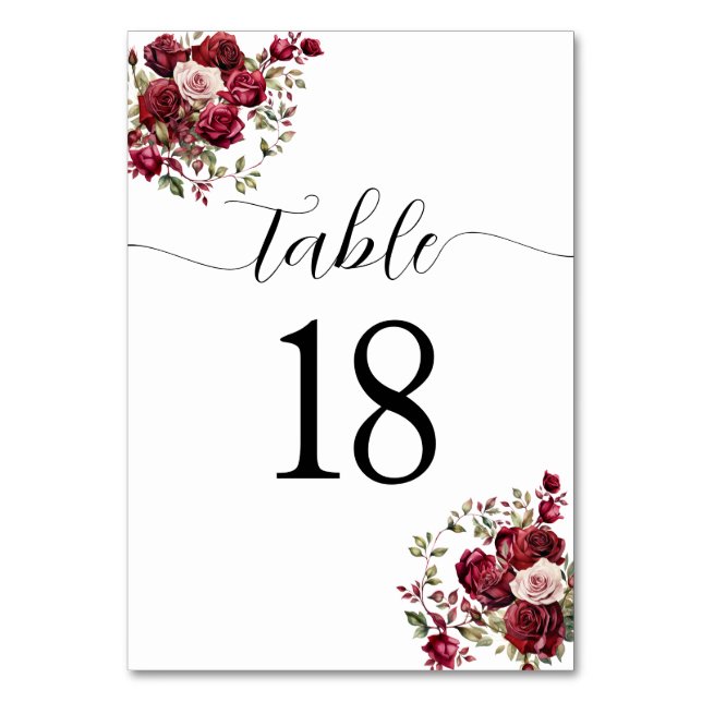 Burgundy Floral Wedding Tischnummer (Vorderseite)