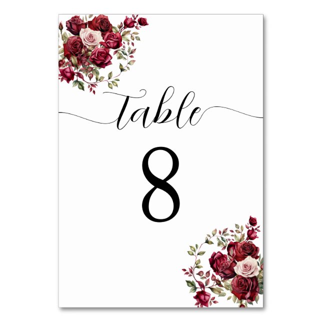 Burgundy Floral Wedding Tischnummer (Vorderseite)