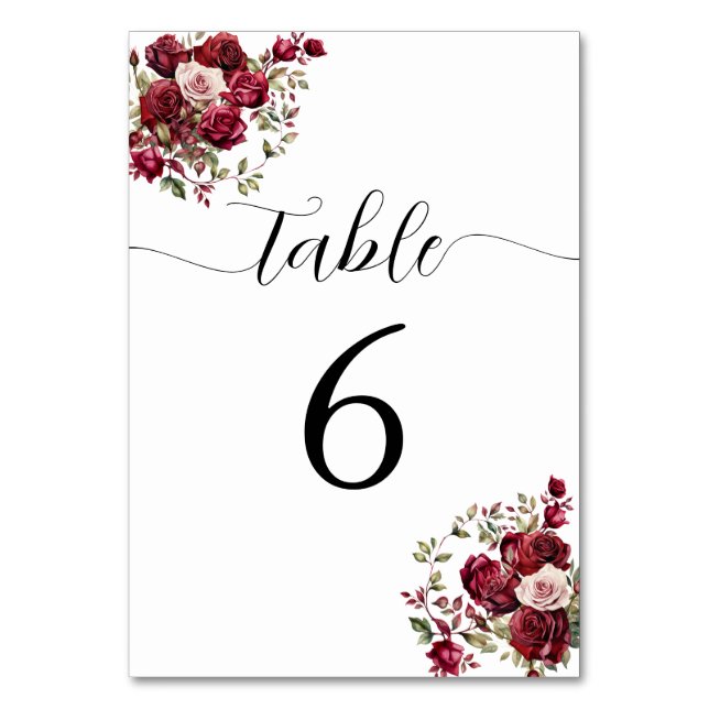 Burgundy Floral Wedding Tischnummer (Vorderseite)