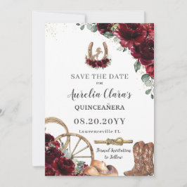 Burgundy Floral Wild West Charro Quinceañera Save The Date