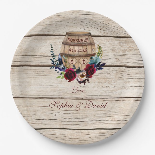 Burgundy Floral Wine Barrel Hochzeit im Herbst Pappteller (Vorderseite)