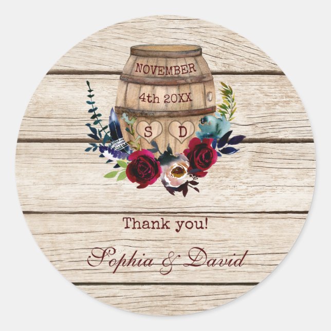 Burgundy Floral Wine Barrel Hochzeit im Herbst Runder Aufkleber (Vorderseite)