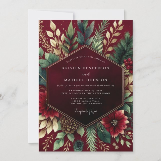 Burgundy Floral Winter Wedding Einladung (Vorderseite)