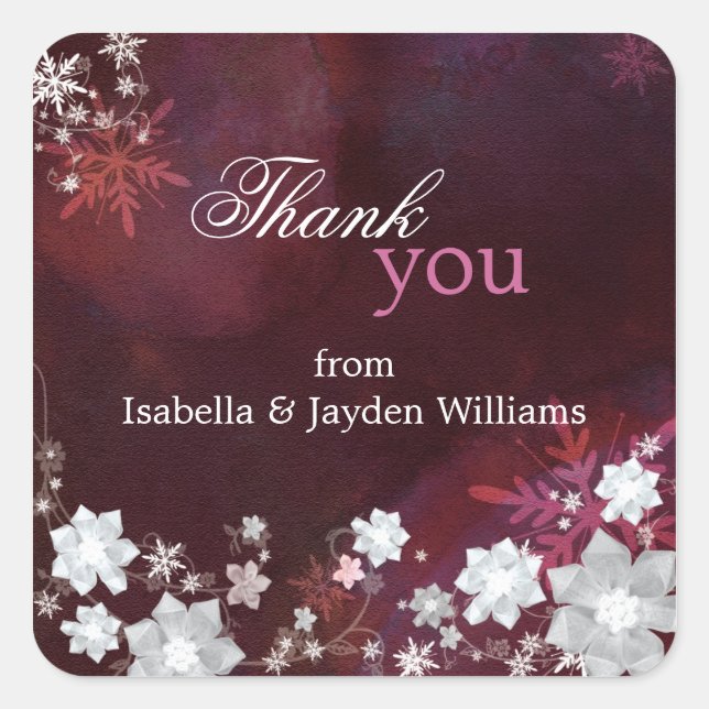 Burgundy Floral Winter Wedding Vielen Dank Quadratischer Aufkleber (Vorderseite)