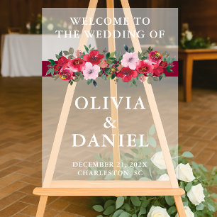 Burgundy Floral Winter Wedding Willkommen Mattiert Acrylschild