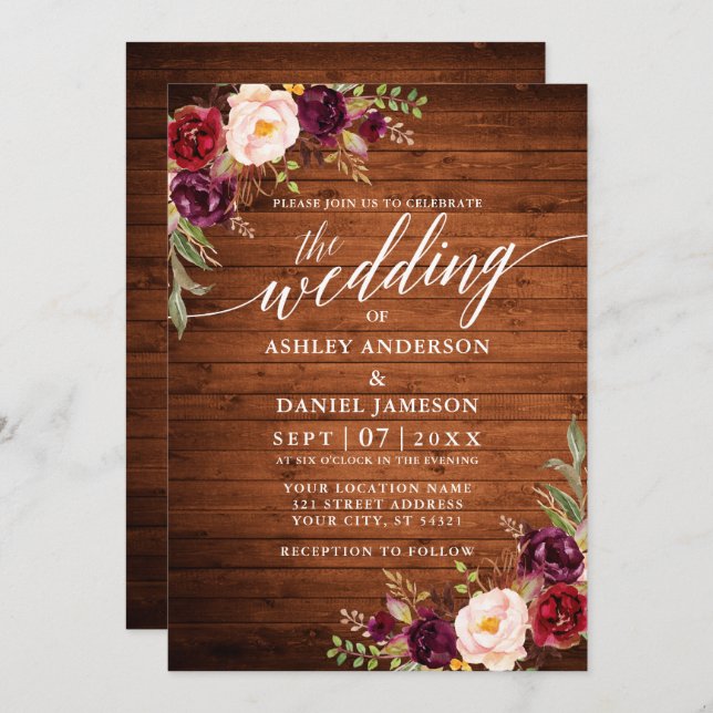 Burgundy Floral Wood Calligraphy Foto Wedding Einladung (Vorne/Hinten)