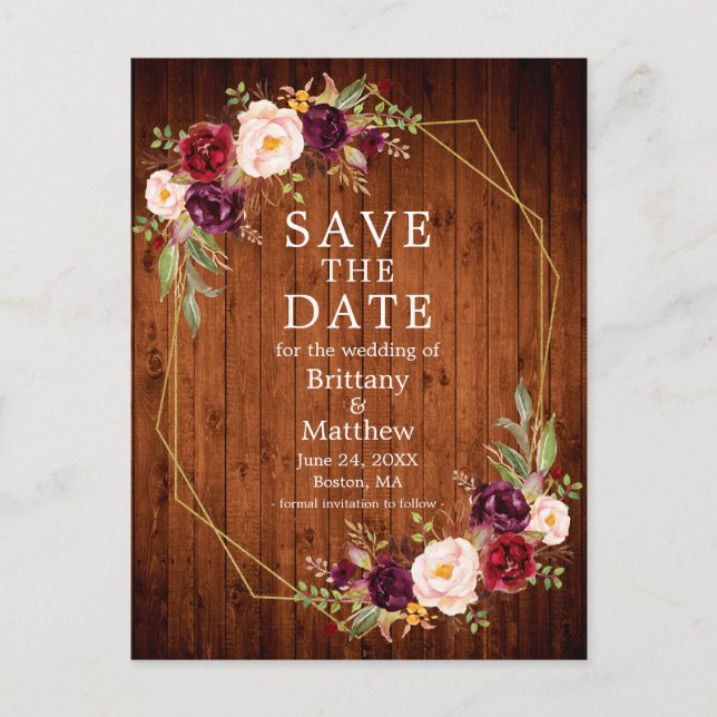 Burgundy Floral Wood Geo Frame Save the Date Postkarte (Vorderseite)