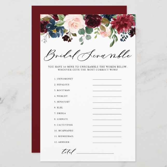 Burgundy Floral Word Scramble Brautparty Game (Vorne/Hinten)
