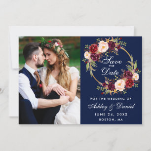 Burgundy Floral Wreath Blue Save the Date Foto