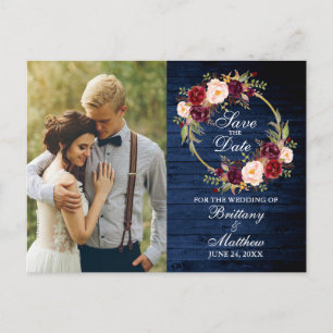 Burgundy Floral Wreath Blue Wood Save the Date Postkarte
