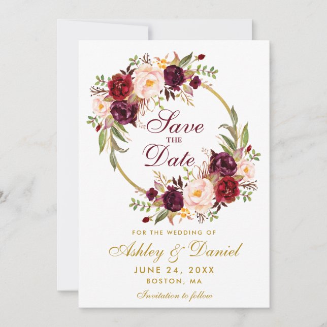 Burgundy Floral Wreath Gold Save the Date B (Vorderseite)