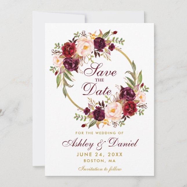 Burgundy Floral Wreath Gold Save the Date GB (Vorderseite)