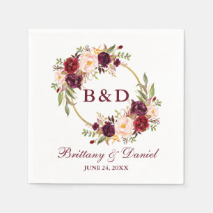 Burgundy Floral Wreath Monogram Wedding Serviette