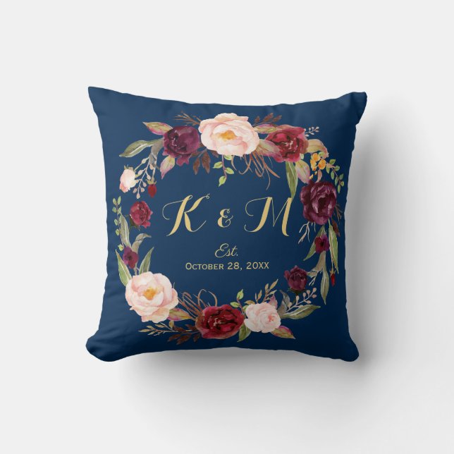 Burgundy Floral Wreath Navy Blue Wedgram Kissen (Vorderseite)
