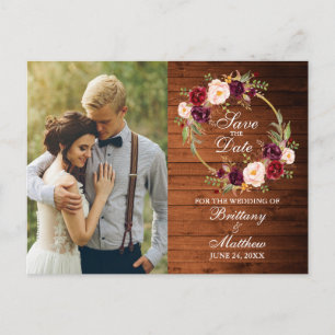 Burgundy Floral Wreath Wood Save the Date Postkarte