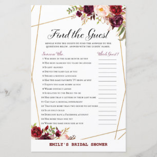 Burgundy Florals Brautparty Game PRINTED