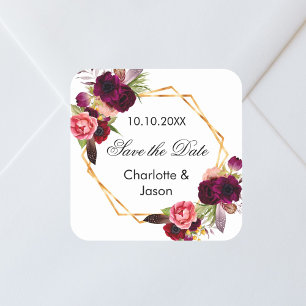 Burgundy florals geometrische Hochzeit Speichern S Quadratischer Aufkleber