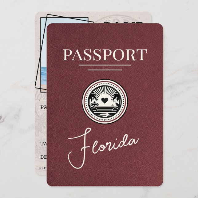 Burgundy Florida Passport Save the Date (Vorne/Hinten)