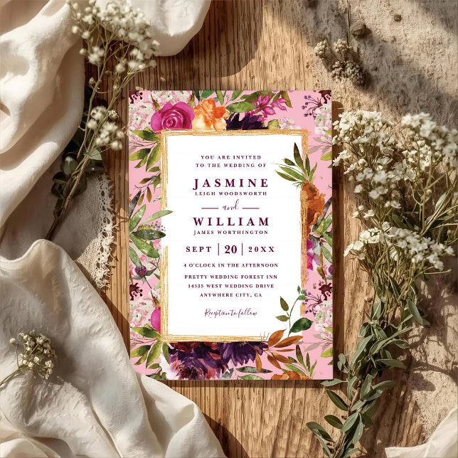 Burgundy Flower Boho Rustic QR Code Wedding Einladung (Von Creator hochgeladen)