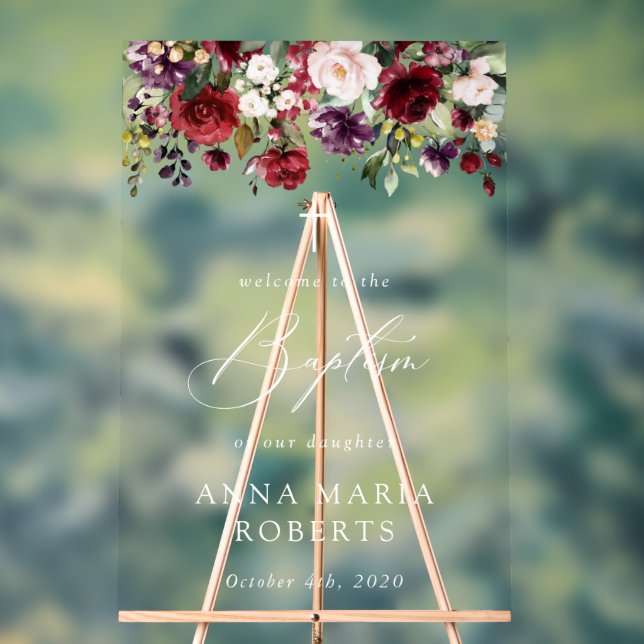 Burgundy Flowers, Pink Flowers, Baptism Welcome Acrylschild (Neutral)