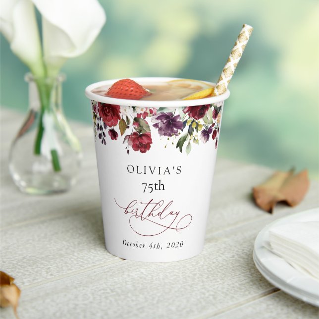 Burgundy Flowers, Pink Flowers, Boho, Birthday Pappbecher (In Situ)