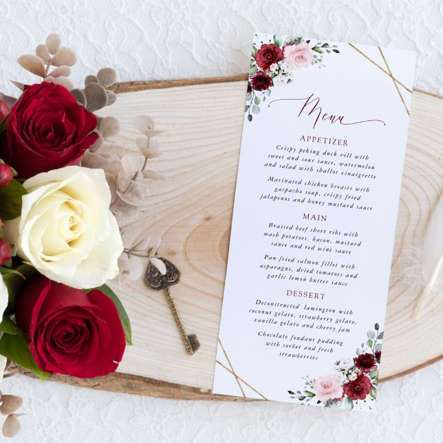 Burgundy Flowers, Pink Flowers, Boho, Wedding Menu Menükarte (Von Creator hochgeladen)