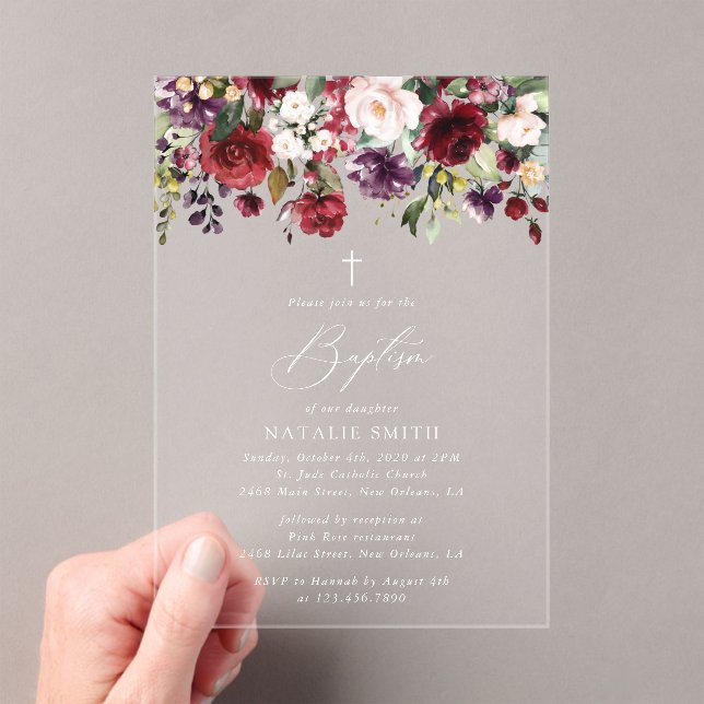 Burgundy Flowers, Pink Flowers, Floral Baptism Acryleinladungen (Insitu (Handheld))