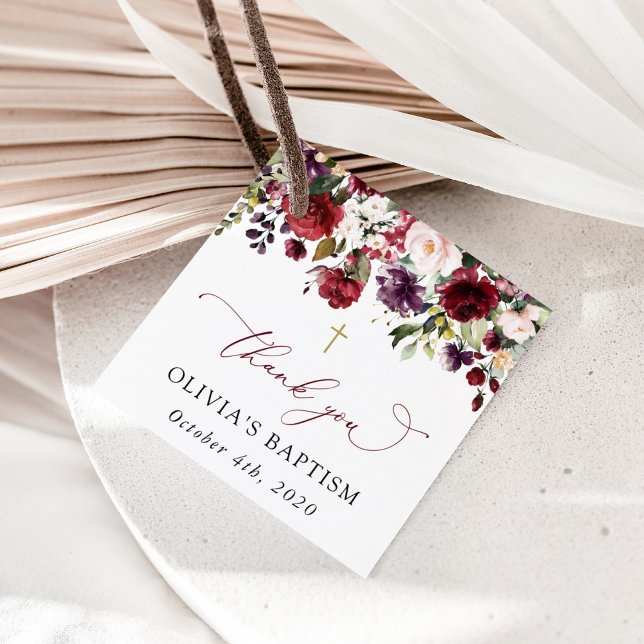 Burgundy Flowers, Pink Flowers, Floral Baptism Geschenkanhänger (Von Creator hochgeladen)