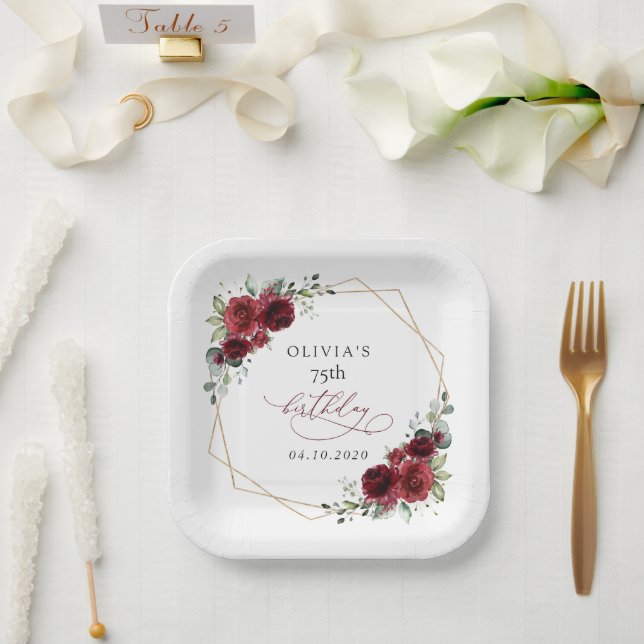 Burgundy Flowers, Red Flowers, Boho, Birthday Pappteller (Hochzeit)