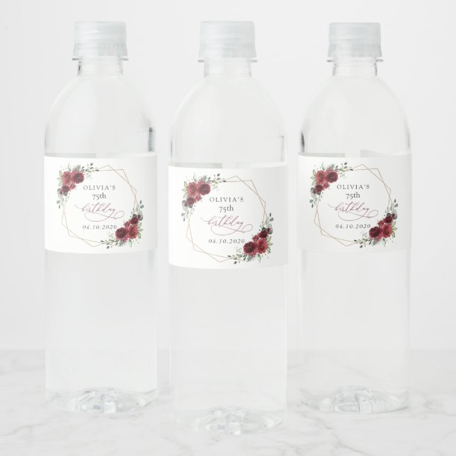 Burgundy Flowers, Red Flowers, Boho, Birthday Wasserflaschenetikett (Flaschen)