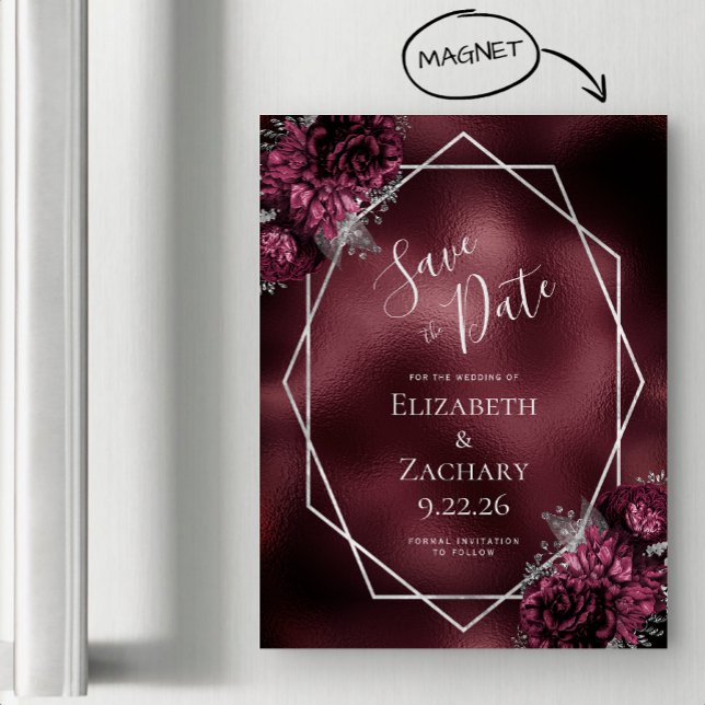 Burgundy Foil Bloral Silver Wedding Save the Date Magneteinladung (Von Creator hochgeladen)
