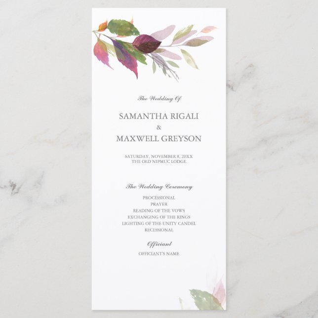 Burgundy Foliage Wedding Program Programm (Vorderseite)
