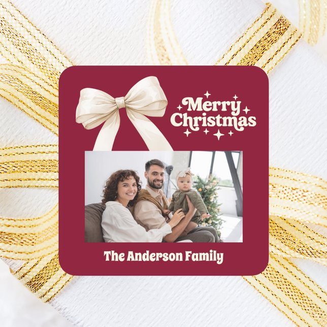 Burgundy Foto Creme Bogen Retro Weihnachten Quadratischer Aufkleber (Von Creator hochgeladen)