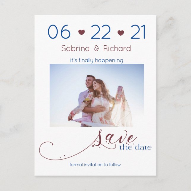 Burgundy-Foto der Marine Save the Date Minimalisti Postkarte (Vorderseite)
