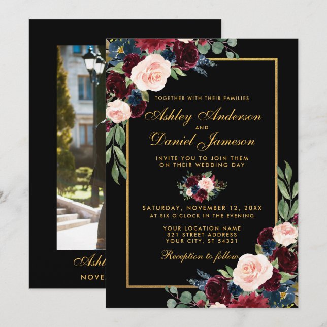 Burgundy Foto Hochzeit mit Wasser-Farbe Einladung (Vorne/Hinten)