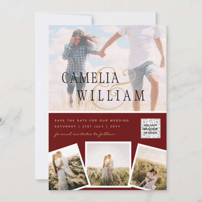 Burgundy Foto Wedding Invite QR Code Rett Datum Einladung (Vorderseite)