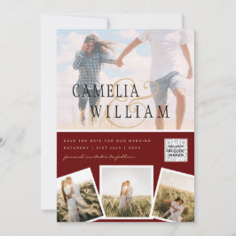 Burgundy Foto Wedding Invite QR Code Rett Datum Einladung