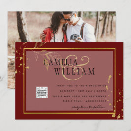 Burgundy FOTO Wedding Invite QR Code Rett Datum Einladung