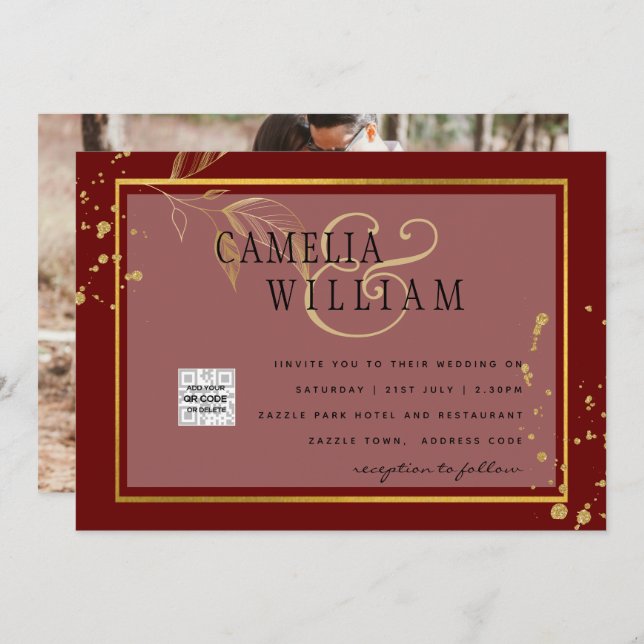 Burgundy FOTO Wedding Invite QR Code Rett Datum Einladung (Vorne/Hinten)