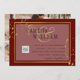 Burgundy FOTO Wedding Invite QR Code Rett Datum Einladung