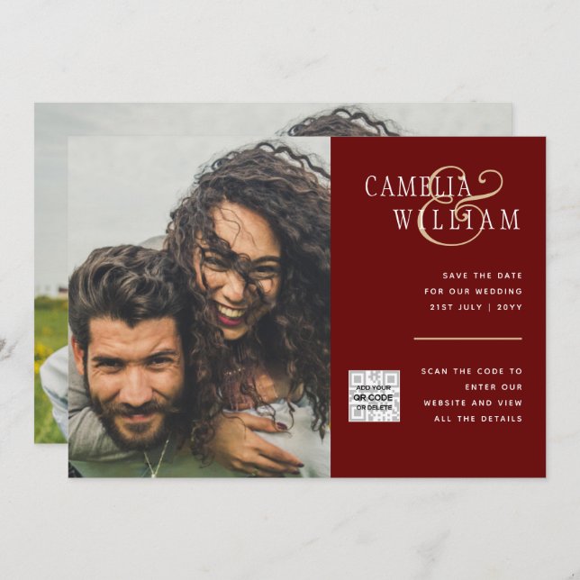 Burgundy FOTO Wedding Invite QR Code Rett Datum Einladung (Vorne/Hinten)
