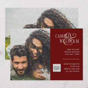 Burgundy FOTO Wedding Invite QR Code Rett Datum Einladung