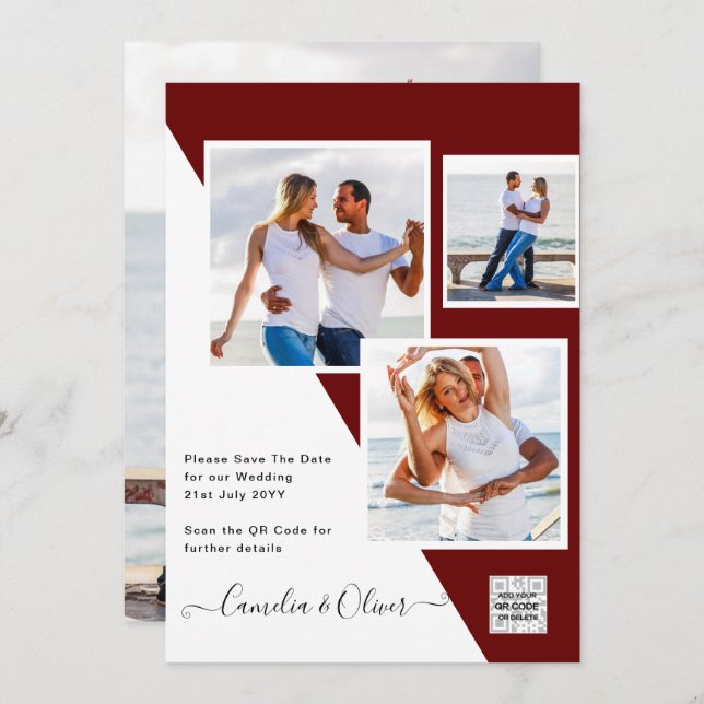Burgundy FOTO Wedding Invite QR Code Rett Datum Einladung (Vorne/Hinten)