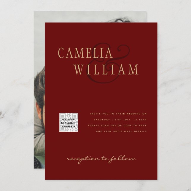 Burgundy Foto Wedding Invite QR Code Rett Datum Einladung (Vorne/Hinten)