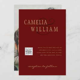 Burgundy Foto Wedding Invite QR Code Rett Datum Einladung
