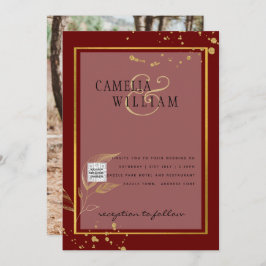 Burgundy FOTO Wedding Invite QR Code Rett Datum Einladung